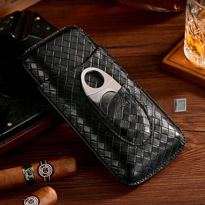 3 Pcs Leather Cigar Case Gift  - Cigar Cutter Set recension och pris